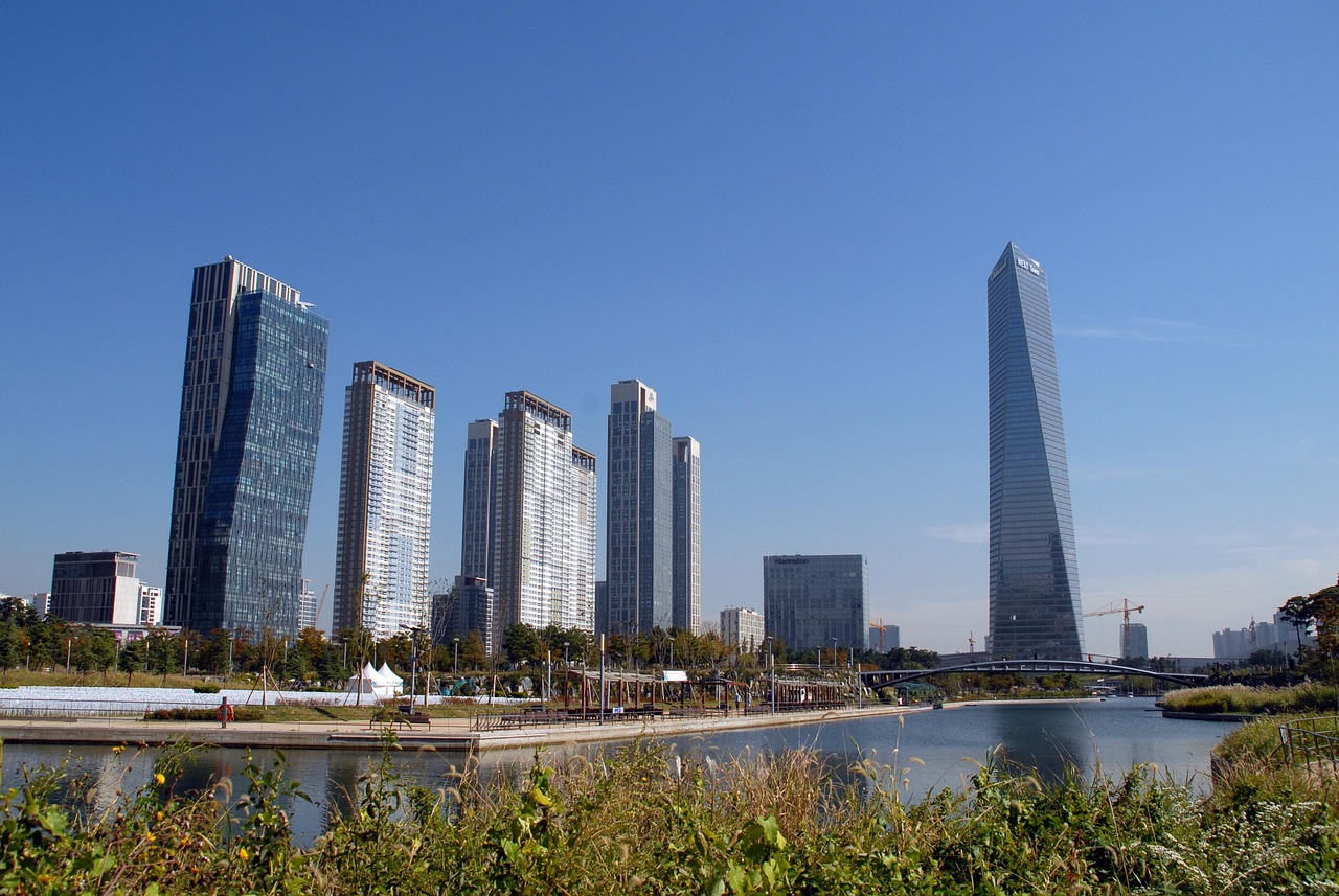 incheon songdo, building, songdo central park, park, sea water park