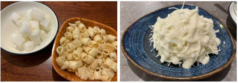 Pickled radish & Macaroni snacks, Cabbage salad 