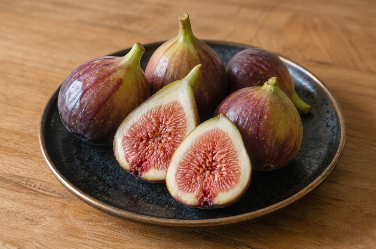 Fresh figs, including a halved fig showing its pink interior, are served on a plate.